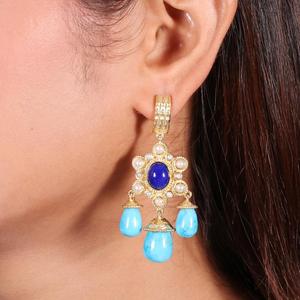 Gold Plated 925 Sterling <b>Silver</b> <b>Earrings</b> <b>Earrings</b> Natural Turquoise <b>Pearl</b> and Lapis Gemstone Handmade Jewelry - Product Image 2