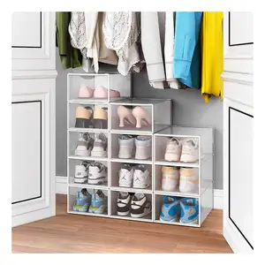 Großhandel Kunststoff Interlocking Schuh Organizer 6 8 10 Tier Transparent Abnehmbar Stapelbar Clear Box Aufbewahrung schrank Für Schuhe