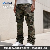 Pantalones Cargo Tácticos Anchos y Holgados con Múltiples Bolsillos y Solapa con Botones, Estilo Camuflaje Bosque Olivo, Personalizados para Hombre, Ropa Urbana