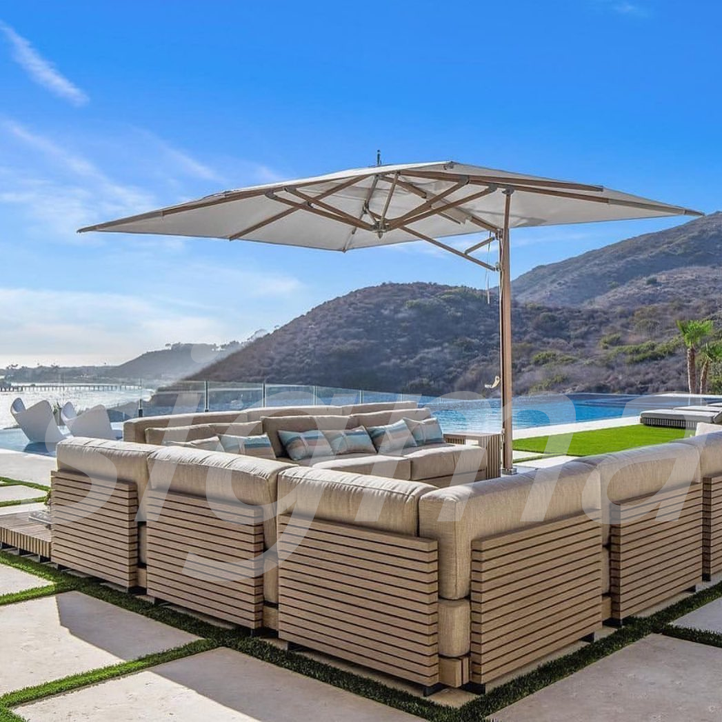 High quality all weather luxury fabric teak solid wooden outdoor garden sofa