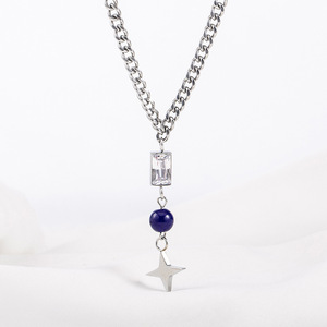 สร้อยคอจี้รูปดาว สแตนเลส ลูกปัดแก้วสีฟ้า ประดับเพชร เครื่องประดับสำหรับงานปาร์ตี้ - Product Image 1