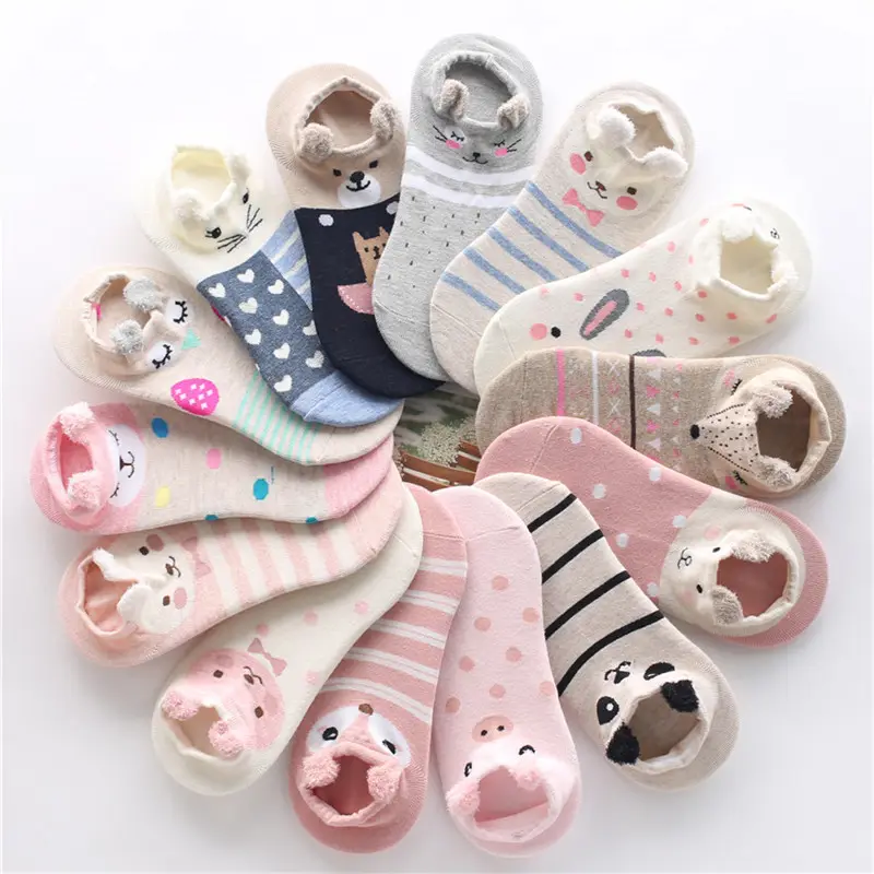 Cartoon Cotton NO Show Socks Pink Coral Ear Women's Fun Short Socks Animals Funny Novelty Low Out Ankle Socks For Women Gifts