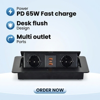 Prise escamotable moderne pour bureau, livraison rapide, 2 ports USB + 1 port USB Type-C, charge rapide PD 65W, alliage d'aluminium noir