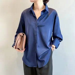 Atasan Satin Wanita Kancing Longgar Kemeja OL Grosir Kerah Vintage Lengan Panjang Musim Gugur Musim Semi Kerah Turun untuk Wanita 7 Warna Kasual - Product Image 3
