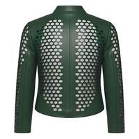 Blouson aviateur en cuir véritable vert pour femme avec design ajouré, col montant, manches longues, fermeture éclair, style automne
