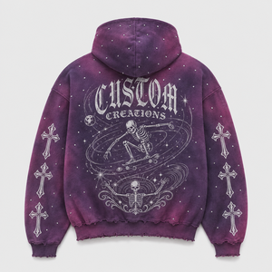 Graphic <b>Hoodie</b> Vintage Acid Wash <b>Cropped</b> Full <b>Zip</b> Studded Trim Star Sleeve Print Raw Hem Streetwear Custom Men <b>Hoodie</b> - Product Image 2