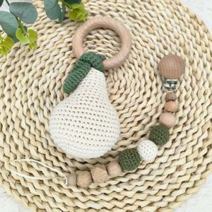 Anillo de madera para fruta, mordedor para bebé, sonajero de comida tejido, hecho a mano, pera, naranja, limón, juguetes para la dentición del bebé, juego de chupete, juego de regalo para recién nacido - Product Image 3