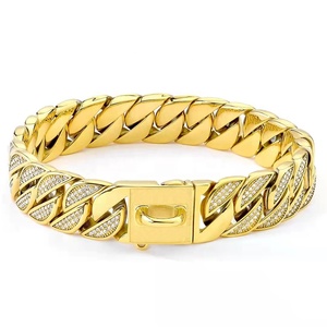 Accesorios para mascotas Cadena de eslabones cubanos chapada en oro de acero inoxidable sólido fuerte de 32mm Cadena de perro de diamante - Product Image 1