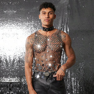 Canottiere con stella re Mcgreen Top da <span class=keywords><strong>uomo</strong></span> a rete con muscolatura lucida trasparente gilet con paillettes rotondo senza maniche indumento da discoteca per feste - Product Image 1