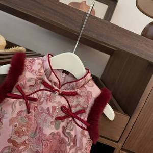 Tongxingyuan Girls Traditional Chinese Cheongsam Dress Pink With Red Trim First Birthday New Year Outfit - Product Image 2