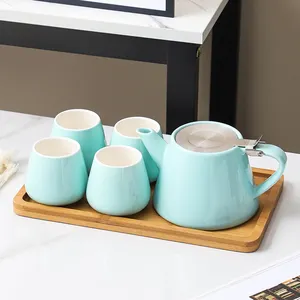 Tea Pot Sets Modern Nordic Style Stainless Lid Tea Pot Coffee Tea Cup Sets Afternoon Porcelain Tea Set With Wooden Tray
