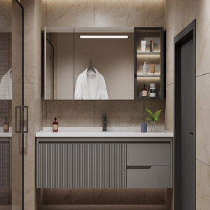 Modern Oak Lacquered Ceramic Integrated Basin Smart <b>Lighting</b> Mirror Wall-Mounted Bathroom <b>Vanity</b> - Product Image 2