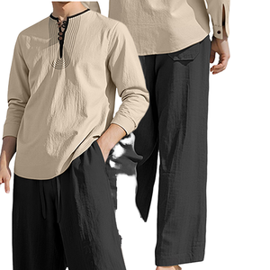 ชุดเสื้อโปโลสองชิ้นผ้าลินินสีบล็อกสีสำหรับผู้ชายชุดเสื้อผ้ามุสลิมแบบดั้งเดิมสไตล์ชายหาด - Product Image 2