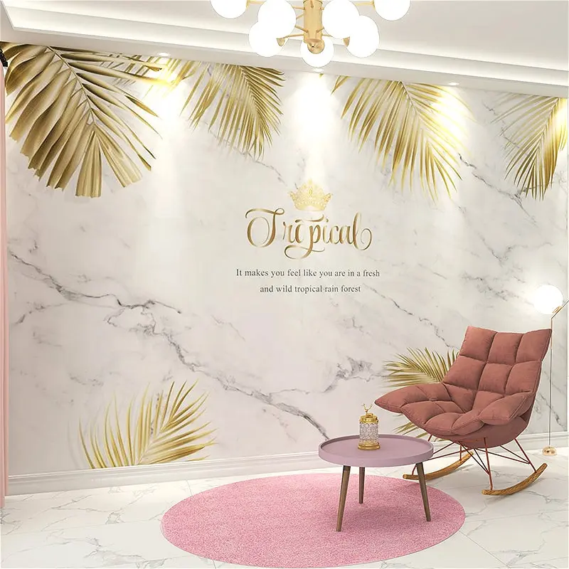 Custom 3d tropical wallpaper mural marble white and gold wall paper for spa room decor