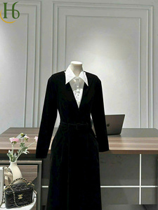 Vestido Largo Negro con Cuello Camisero Blanco, Vestido Elegante de Manga Larga con Cuello Camisero Vietnamita, Vestido de Fiesta de Poliéster Tejido, OEM - Product Image 2