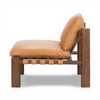 Fauteuil d'appoint en bois massif avec coussin en cuir véritable beige, base à sangles en cuir tressé, style rétro, profil bas, mobilier de salon individuel