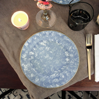 Assiettes de présentation de luxe en plastique texturé effet marbre bleu, bord doré, pour mariage, 100 pièces, logo personnalisé, décoration événementielle