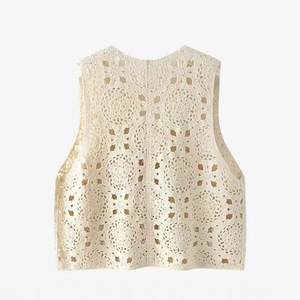 Chaleco de punto de ganchillo con cuello en V de estilo japonés para mujer, cárdigan de verano, ropa de abrigo, color blanco albaricoque - Product Image 2