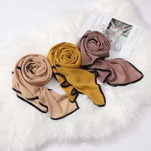 Women Bubble Chiffon Hijabs Scarf With Black Edge Muslim Headwraps Solid Color Soft Scarves Shawl Wraps Travel Sunscreen Scarf