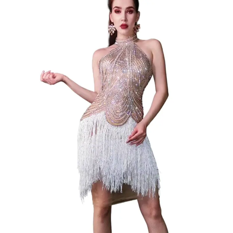 Sparkly Sleeveless Cocktail Club Rhinestone Fringes Dress Show Tassel Ballroom Latin Dance Dress Women Night Party Prom Dress