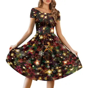 Trending Products Lady Off Shoulder Short Sleeve Dress Women Christmas Party Dress with Christmas Tree Snowman Bell Pattern