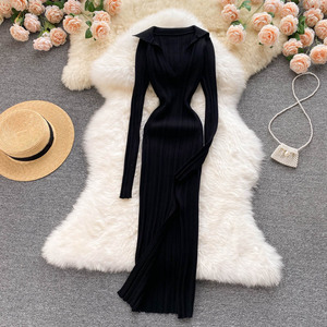 Vestido de Punto Coreano para Mujer, Manga Larga, Cuello en V, Elástico, Ajustado, Tipo Lápiz, Otoño 2021, Sexy, Vestido de Suéter con Abertura - Product Image 4