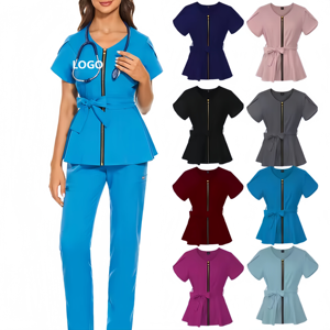 Ensembles de blouses d'infirmière personnalisables avec logo, unisexes, respirants, en tricot, uniformes d'hôpital, pantalons de jogging à fermeture éclair, détection d'aiguilles, fusion sans couture - Product Image 1