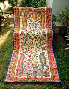 Designer Phulkari Embroidered kalamkari Dupatta - Stoles - Hand Embroidered Dupatta - Peacock print dupatta stoles scarves