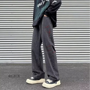 กางเกงยีนส์ผู้ชายสีฟ้าอ่อนทรงตรงเอวกลางผ้าฝ้ายเดนิม - Product Image 3