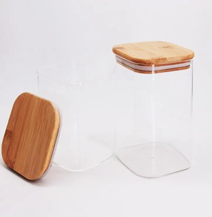 Vidro doméstico com tampa de bambu, frasco de vidro quadrado alto de 200ml - 1600ml