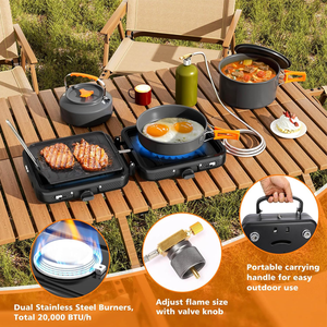 Réchaud de camping pliable à double brûleur réglable avec plaque chauffante, réchaud de camping portable au propane, sac de transport, poêle à frire, bouilloire, marmite - Product Image 4