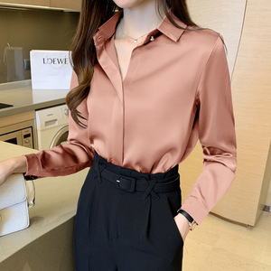 Chemise blanche en <span class=keywords><strong>soie</strong></span> à manches longues pour femmes, <span class=keywords><strong>chemisier</strong></span> de bureau en Satin de <span class=keywords><strong>soie</strong></span>, hauts de grande taille pour femmes - Product Image 4