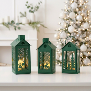 Decoración Navideña 2026, Faroles de Metal con Forma de Casa en Color Verde, con Recortes de Ciervos y Árboles - Product Image 5