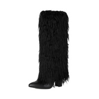 Bottes hautes populaires pour femmes 2026, en fausse fourrure bouclée, design pliable, bout pointu, talon carré, fourrées, vente en gros