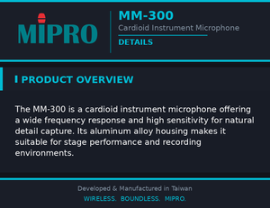 Micrófono de Instrumento MIPRO con Amplia Respuesta de Frecuencia, Alta Sensibilidad, Micrófono de Escenario Hecho de Aleación de Aluminio, Micrófono de Grabación - Product Image 6