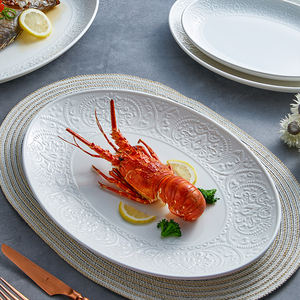 Juego de Platos de Porcelana Blanca Ecológica para Restaurante y Bodas, Plato Ovalado de Cerámica con Diseño en Relieve, Plato Elíptico para Pescado - Product Image 6