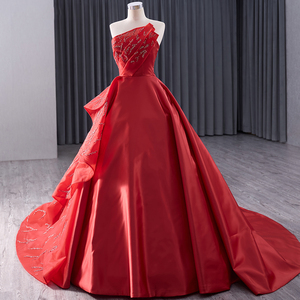 Robe de soirée asymétrique sans manches plissée longue élégante bordeaux à lacets en satin pour femme Rsm241010 - Product Image 1