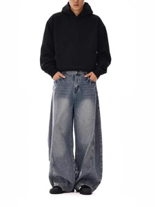 Calças <span class=keywords><strong>Jeans</strong></span> Masculinas de Corte Solto e Reto, Azul Sólido, Denim de Peso Médio, Calças Cargo Oversized com Bolsos, Estilo Casual - Product Image 1