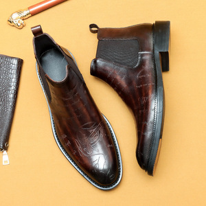 Men's Genuine Leather Ankle <b>Boots</b> Round Toe Slip-On Engraved Pattern Rubber Outsole All Seasons Breathable Wholesale - Product Image 6