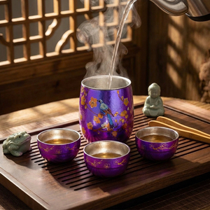 <span class=keywords><strong>Set</strong></span> da Tè in Titanio Puro con Tazza Dorata e Viola, Thermos Isolato Sottovuoto da 240ml, Mantiene le Bevande Calde/Fredde Senza Trasferimento di Sapori - Product Image 4