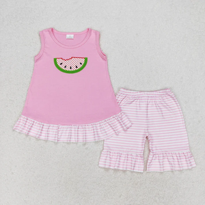Conjunto de ropa de verano para niñas, Tops sin mangas con apliques de sandía, pantalones cortos a rayas, conjunto de ropa para niños - Product Image 2