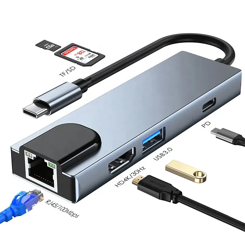Vendita calda multiporta 6 In 1 USB tipo C Hub USB 3.0 4K HD HDMI compatibile RJ45 lettore di schede USB C PD Docking Station per Laptop