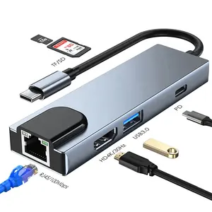 Hot bán Multiport 6 trong 1 USB Loại C HUB USB 3.0 4K HD HDMI tương thích RJ45 Đầu đọc thẻ USB C PD Docking Station cho máy tính xách tay