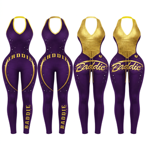 Women's Sexy Party Purple <b>Gold</b> Halter Neck Sleeveless <b>Bodysuit</b> Above Knee Soft Spring Foil Print Logo Stretch Activewear - Product Image 1