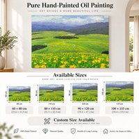 Peinture sur toile moderne, prairie de fleurs jaunes, sentier sinuose, montagnes violettes, art mural peint à la main, décoration intérieure