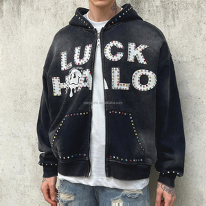 Sun Faded Distressed French Terry Double Zipper Hoodie Mens Custom Heavyweight Acid Wash Rhinestone Zip up Hoodie Fabricants - Product Image 3