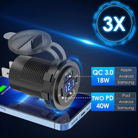 Prise de voiture USB 12V à 3 ports avec double PD 20W et port QC3.0 18W, avec voltmètre et bouton interrupteur pour voiture, bateau, marine, fourgonnette