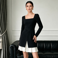 Robe Courte Femme Élégante à Blocs de Couleurs, Col Carré, Manches Longues, Coupe Droite Romantique, Taille Cintrée, Coupe Trapèze, Fermetures Éclair, Idéale Soirées et Rendez-vous