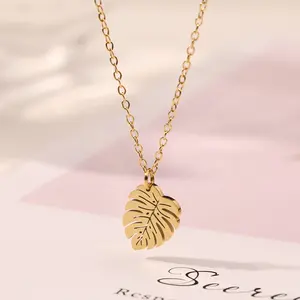 Kalung Liontin Daun Monstera, Kalung Liontin Daun Pohon Palem Stainless Steel Berlapis Emas 18K