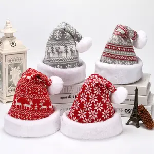 Venta caliente Reno adulto tejido Santa Navidad gorra felpa Jacquard copos de nieve Navidad sombrero de punto